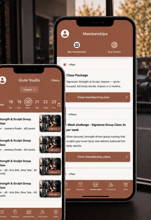 The Glute Studio app showing class times