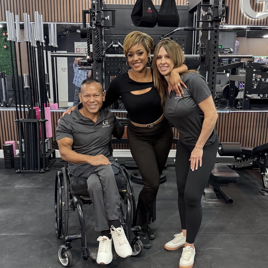 Jill and Kris Dim with Melanie Townsend of FOX40 at Glute Studio