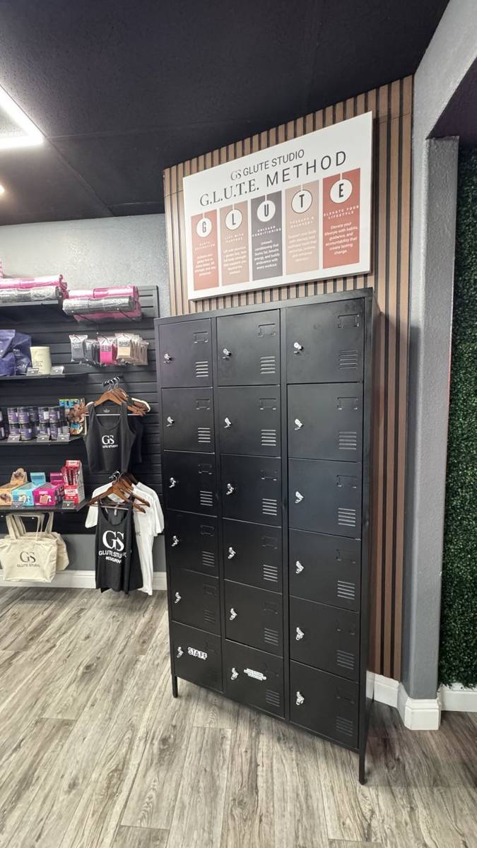 Member lockers under the G.L.U.T.E. Method sign